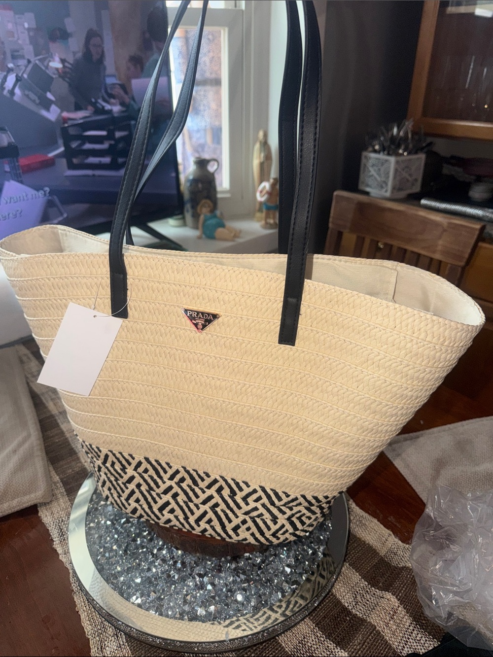 Luxury Cream and Black Woven Straw Tote with Logo nwt - Picture 10 of 14